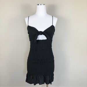 NWT LBD black rayon blend body con ruched ruffle hem front tie sexy mini dress S
